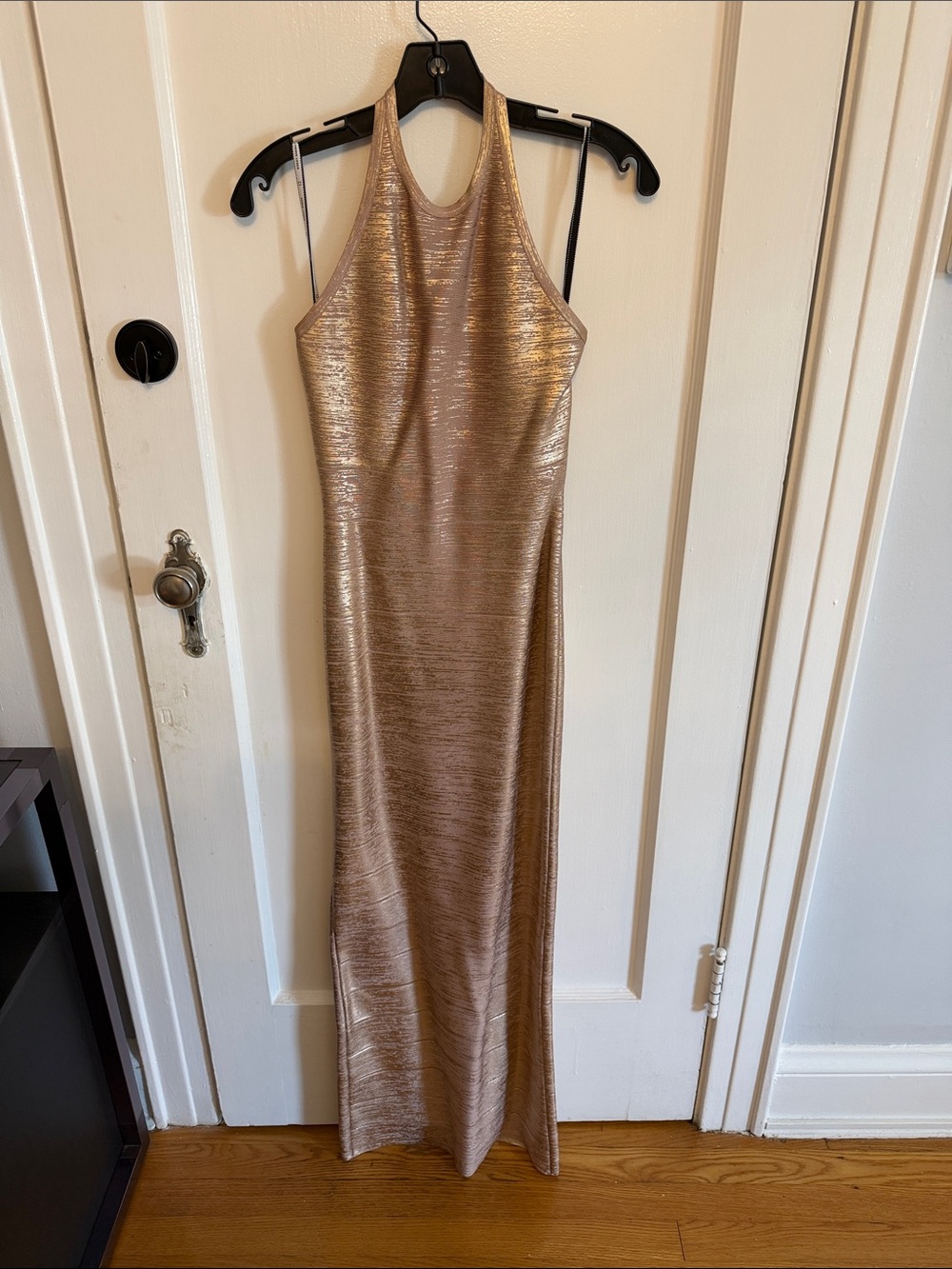 Herve Leger Rose Gold Foiled Halter Maxi Bandage gown size s
